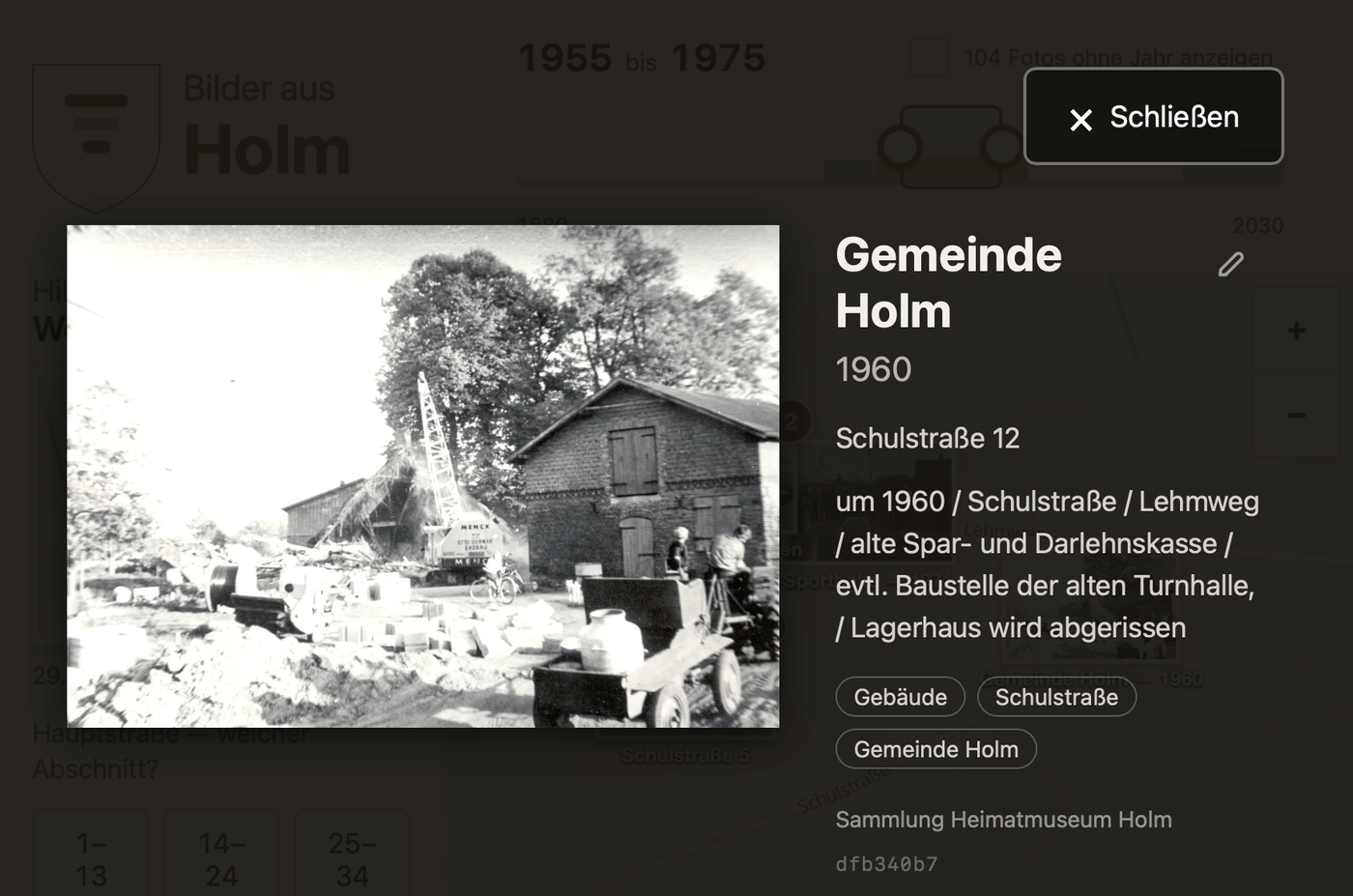 The detail view: the photo at full size, its statements beside it